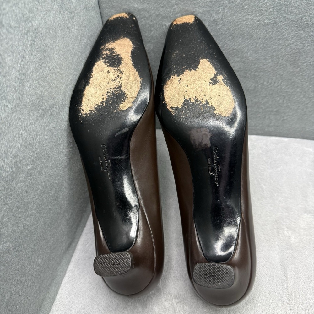 Salvatore Ferragamo Chocolate Brown Leather Square-Toe Pumps - Picture 8 of 8
